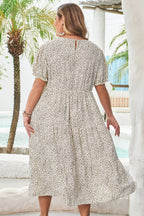 Beige Plus Size Leopard Print Frill Trim Short Sleeve Flared Dress