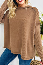 Dark Khaki Twist Ribbed Exposed Seam Detail Long Sleeve Loose Top