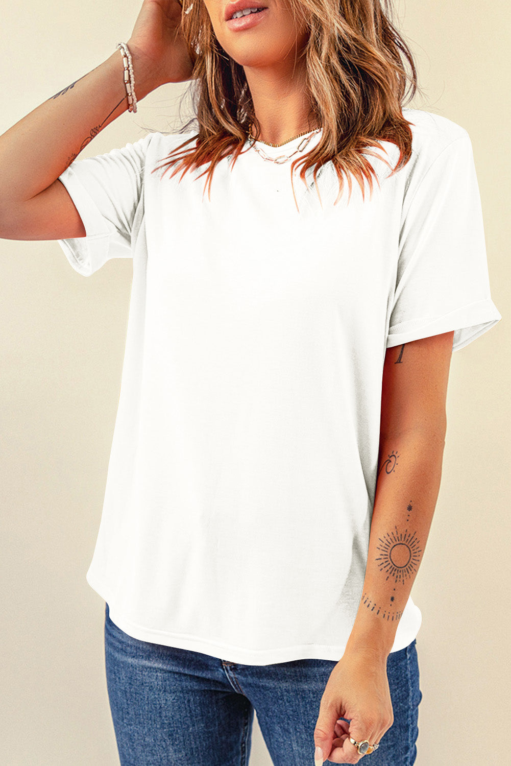 Orange Casual Plain Crew Neck Tee