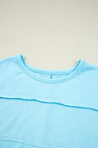 Aruba Blue Plus Size Solid Color Splicing Raw Hem Pullover Top Shorts Set