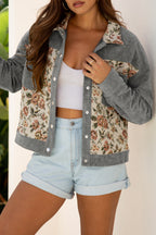 Medium Grey Ribbed Retro Floral Patchwork Shirt Style Jacket