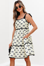 White Bow Knot Color Contrast Trim Knotted Shoulder Mini Dress