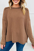 Dark Khaki Twist Ribbed Exposed Seam Detail Long Sleeve Loose Top