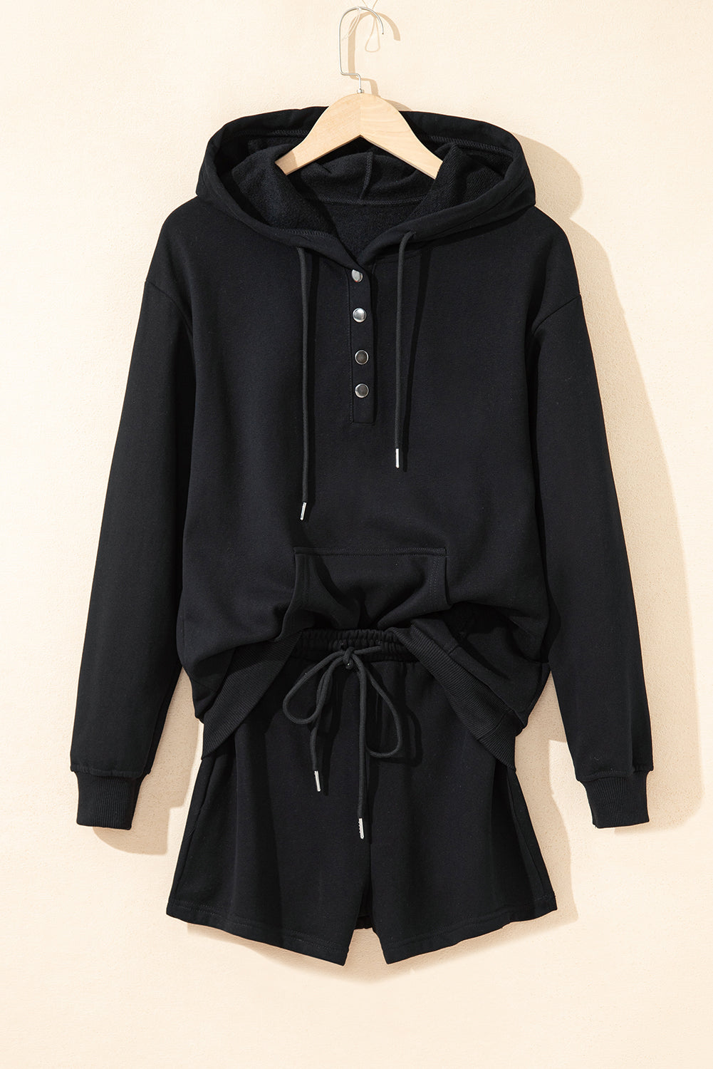 Navy Blue Button Drawstring Hooded Pullover and Casual Short Set