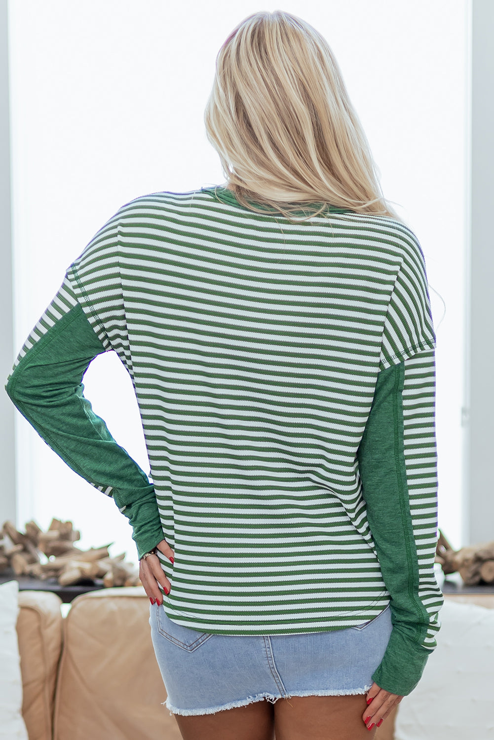 Green Stripe Thermal Knit Drop Shoulder Casual Top