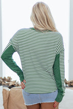 Green Stripe Thermal Knit Drop Shoulder Casual Top
