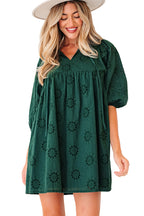 Blackish Green Embroidered Eyelet Pattern 3/4 Puffy Sleeve Swing Mini Dress