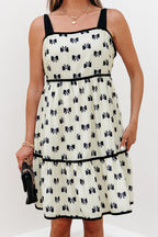 White Bow Knot Color Contrast Trim Knotted Shoulder Mini Dress