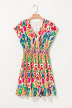 Sky Blue Abstract Print V Neck Dolman Sleeve Ruffle Tiered Mini Dress