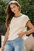 Camel Contrast Trim Boxy Fit Knit Short Sleeve Sweater Top