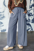 High Frilled Detail Wide Leg Drawstring Elastic Waistband Pants