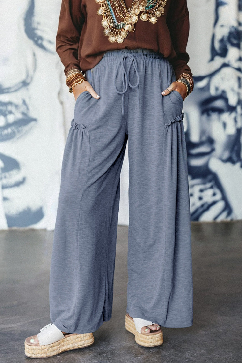 High Frilled Detail Wide Leg Drawstring Elastic Waistband Pants