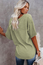 Purple Exposed Seam Half Sleeve Knitted V Neck Textured Top