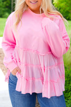Pink Tiered Ruffle Ribbed Crew Neck Pullover Plus Size Top