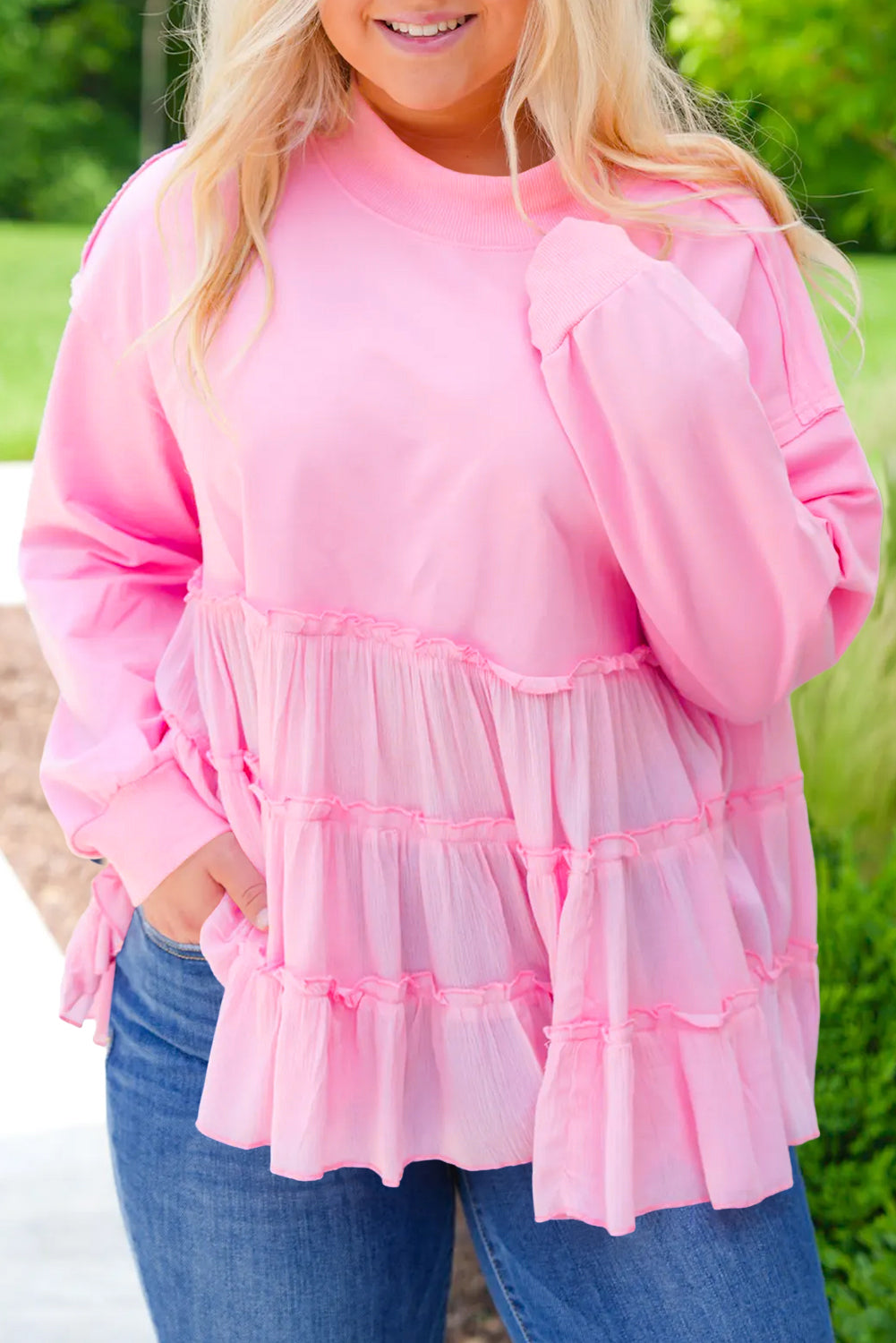 Pink Tiered Ruffle Ribbed Crew Neck Pullover Plus Size Top
