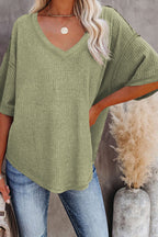 Purple Exposed Seam Half Sleeve Knitted V Neck Textured Top
