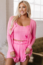 Bonbon Delicate Texture Cropped Cami Shorts and Cardigan 3pcs Lounge Set
