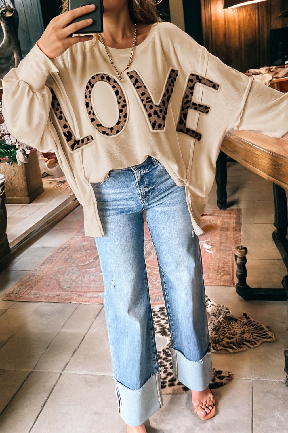Parchment Oversize Leopard LOVE Patched Graphic Round Neck Casual Sweatshirt