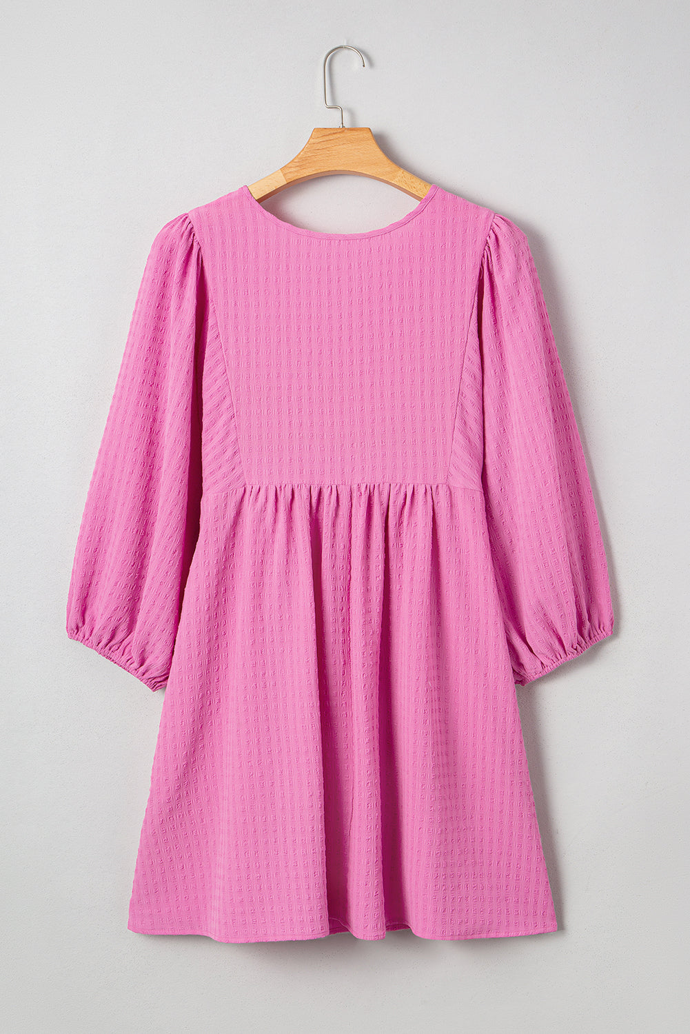 Sachet Pink Plus Size Textured Tie Split Neck Puff Sleeve Flowy Mini Dress