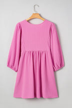Sachet Pink Plus Size Textured Tie Split Neck Puff Sleeve Flowy Mini Dress