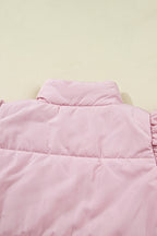 Pink Stand Neck Flutter Sleeve Snap Button Puffer Vest