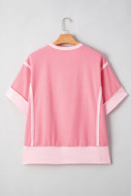 Peach Blossom Two Tones Patchwork Half Sleeve Plus Size T Shirt