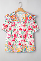 Pink Plus Size Floral Print Striped Trim V Neck Blouse