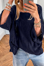 Navy Blue Hollow Out Knit 7/8 Sleeve Casual Sweater