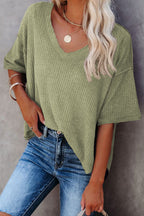 Purple Exposed Seam Half Sleeve Knitted V Neck Textured Top