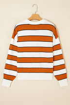 Brown Stripe Ribbed Polo Collar Drop Shoulder Sweater