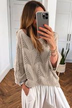 Navy Blue Hollow Out Knit 7/8 Sleeve Casual Sweater