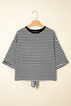 Black Stripe Bowknot Cutout Back Drop Shoulder Wide Bracelet Sleeve Loose Tee
