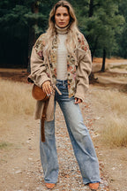 Khaki Floral Waffle Knit Patchwork Chest Pockets Buttoned Jacket