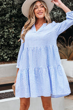 Sky Blue Stripe Bracelet Sleeve Tiered Shift Dress with Pockets