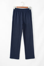 Navy Blue Solid Color Fleece Lined Drawstring Waist Casual Pants