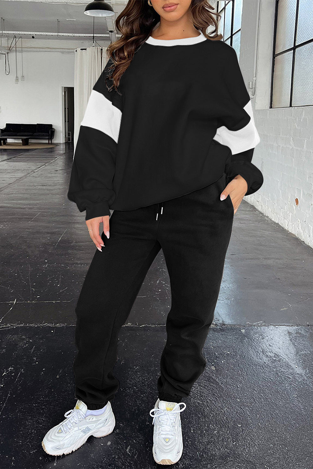 Navy Blue Drop Shoulder Loose Sweatshirt and Joggers Active Set