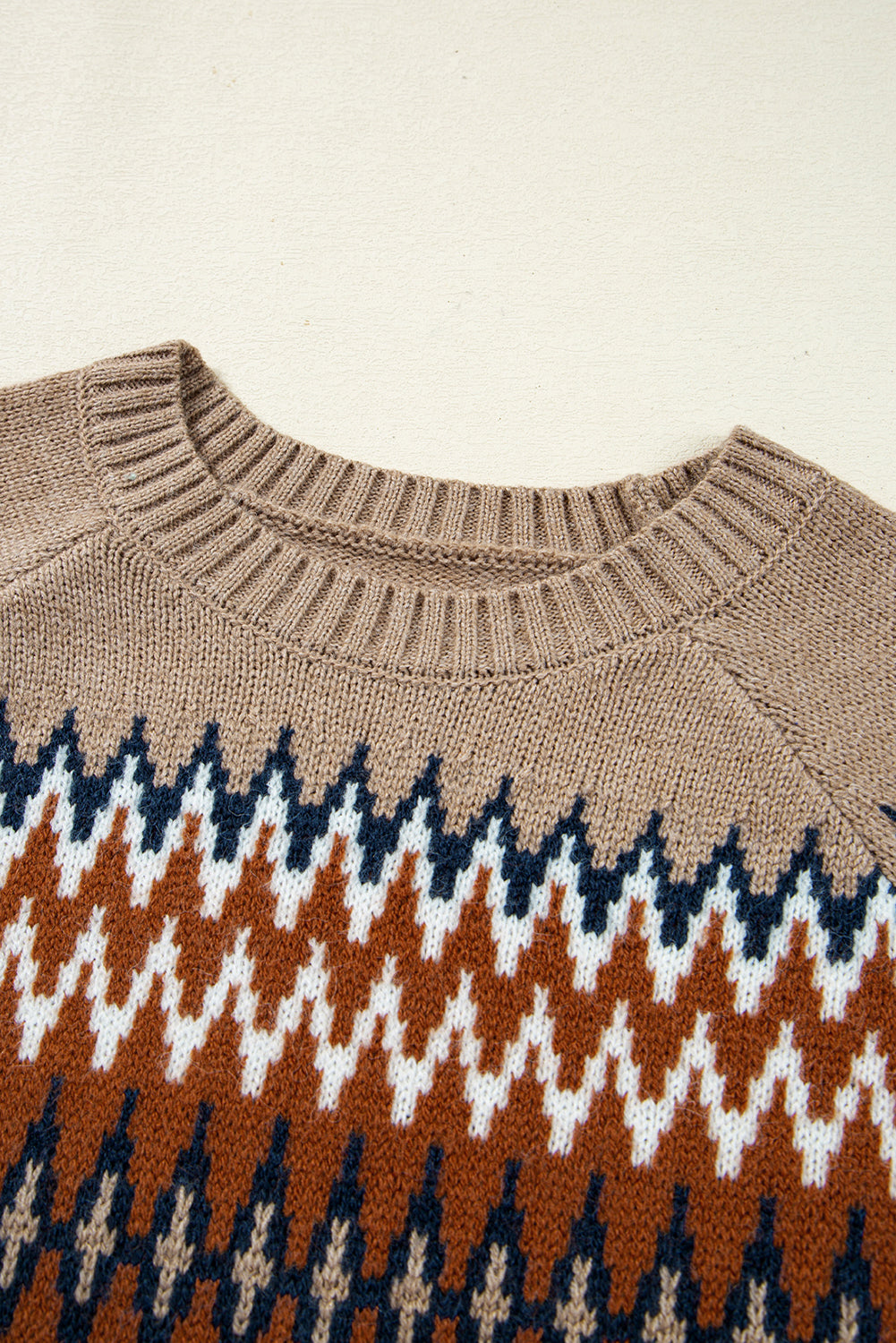 Khaki Aztec Print Colorblock Crew Neck Sweater