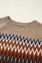 Khaki Aztec Print Colorblock Crew Neck Sweater