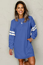 Tillandsia Purple Varsity Contrast Banded Sleeve Shift Sweatshirt Dress