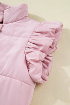Pink Stand Neck Flutter Sleeve Snap Button Puffer Vest