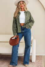Smoke Green Patched Pocket Collared Button Front Boyfriend Denim Jacket