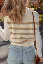 Khaki Stripe Ribbed Half Zip Collared Sweater Vest