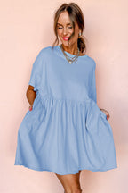 Sky Blue Solid Color Pocketed Raw Edge Babydoll Dress