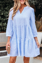 Sky Blue Stripe Bracelet Sleeve Tiered Shift Dress with Pockets