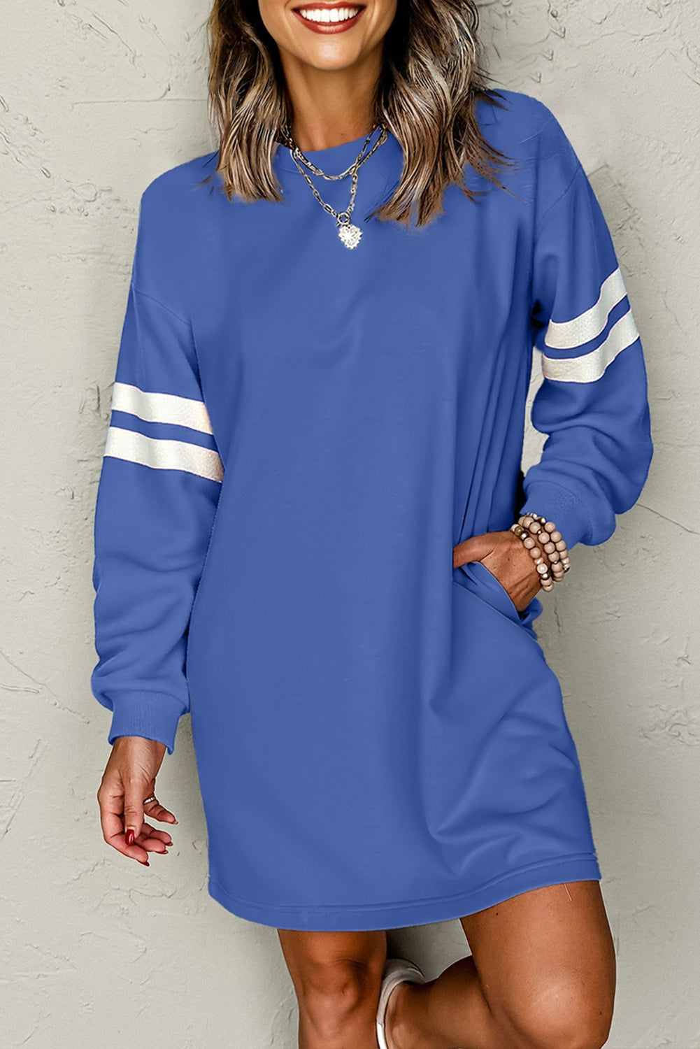 Tillandsia Purple Varsity Contrast Banded Sleeve Shift Sweatshirt Dress