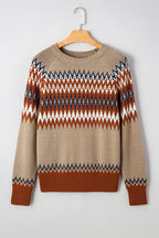 Khaki Aztec Print Colorblock Crew Neck Sweater