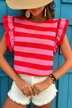 Black Stripe Flutter Sleeve Round Neck T Shirt