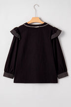 Black Contrast Stitched Detail V Neck Ruffle Long Sleeve Blouse