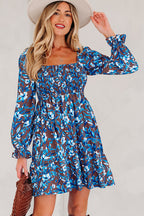 Blue Smocked Bodice High Waist Ruffled Sleeve Floral Dress
