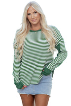 Green Stripe Thermal Knit Drop Shoulder Casual Top